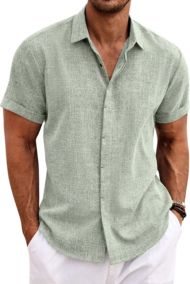 Men Spotlight: COOFANDY Men&#x27;s Linen Shirts Short Sleeve Casual Shirts Button Down Shirt for Men Beach Summer Wedding Shirt